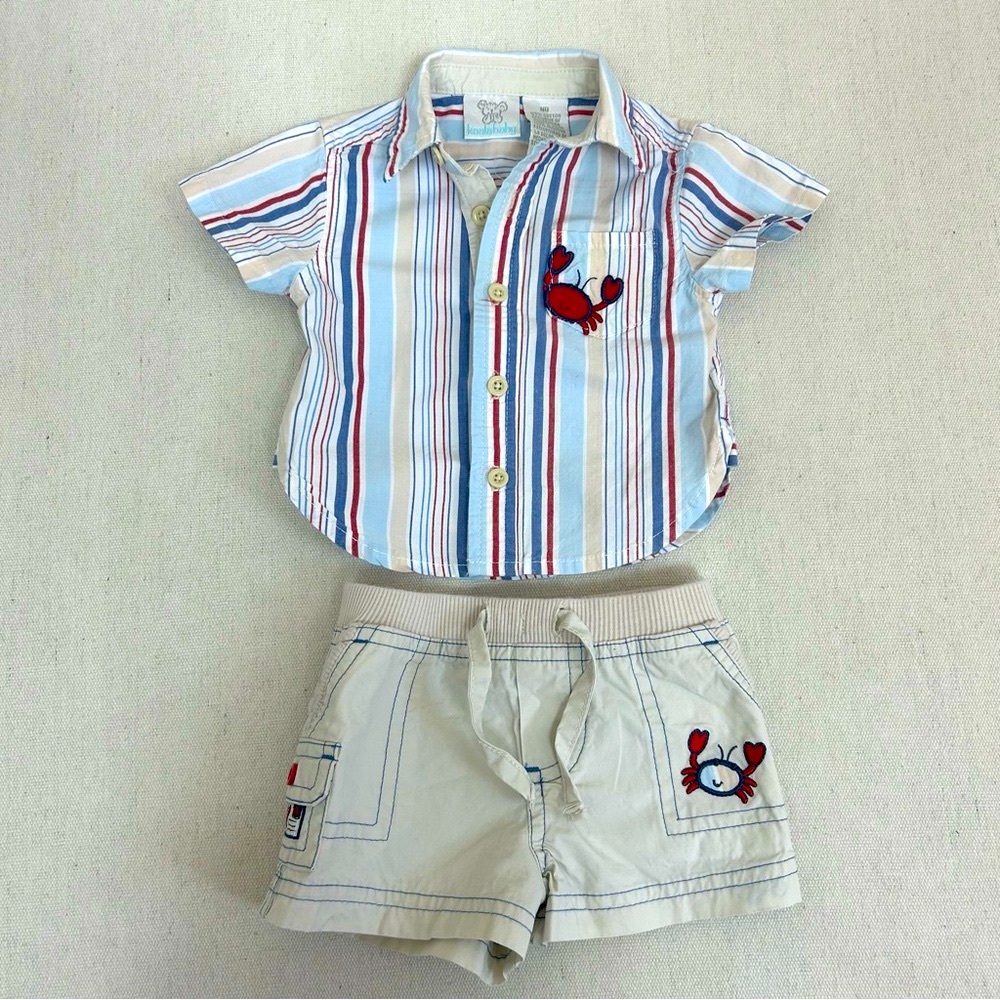 Koala Baby Crab Design Multicolor Striped Shirt and Tan Shorts Set